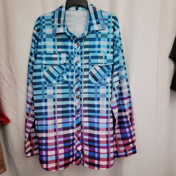 Button down blouse XL long sleeves colorful plaid Women's Polyester Ombre - Picture 3 of 10